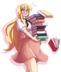 Rule 34 | 1girl, black bow, black bowtie, blonde hair, blue eyes, book, bow, bowtie, glasses, hair between eyes, headband, holding, holding book, long hair, mazume, mole, mole under eye, open mouth, original, pink skirt, shirt, short sleeves, simple background, skirt, solo, sweatdrop, wavy mouth, white background, white shirt