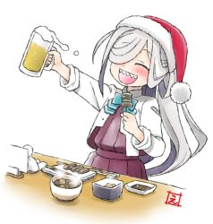 Rule 34 | 1girl, :d, alcohol, asashimo (kancolle), beer, beer mug, blue bow, blue bowtie, blush, bow, bowl, bowtie, chopsticks, closed eyes, cup, doll, dress, ebifly, foam, food, fur-trimmed headwear, fur trim, grey hair, hair over one eye, hat, holding, holding cup, holding food, kantai collection, long hair, long sleeves, mug, one eye covered, open clothes, open mouth, open shirt, red dress, red hat, santa hat, sharp teeth, shirt, simple background, skewer, smile, solo, steam, teeth, upper teeth only, white background, white shirt