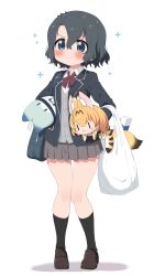 Rule 34 | &gt;:), 2girls, :3, alternate costume, animal ears, bag, black hair, black jacket, black socks, blazer, blue eyes, blush, blush stickers, bow, bowtie, brown footwear, cat ears, chibi, collared shirt, commentary request, full body, grey skirt, highres, jacket, kaban (kemono friends), kemono friends, kneehighs, knees together feet apart, lifting person, loafers, lucky beast (kemono friends), miniskirt, multiple girls, pleated skirt, ransusan, red bow, red bowtie, school bag, school uniform, serval (kemono friends), shirt, shoes, shopping bag, short hair, shoulder bag, simple background, skirt, socks, sparkle, standing, tail, tareme, v-shaped eyebrows, white background, white shirt, | |