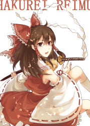 Rule 34 | 1girl, aili (aliceandoz), ascot, bow, brown eyes, brown hair, character name, detached sleeves, frilled bow, frilled skirt, frills, hair bow, hakurei reimu, highres, katana, long hair, looking to the side, midriff, red skirt, ribbon-trimmed skirt, ribbon-trimmed sleeves, ribbon trim, sarashi, simple background, skirt, sleeveless, socks, solo, sword, touhou, weapon, white background