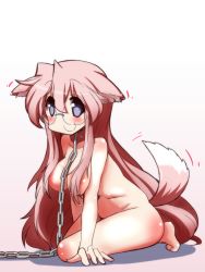 Rule 34 | 00s, 1girl, animal ears, bad id, bad pixiv id, bdsm, blush, bondage, bound, breasts, chain, collar, dog ears, dog tail, glasses, gradient background, hair censor, hair over breasts, kemonomimi mode, large breasts, looking at viewer, lucky star, mizushima (p201112), nude, purple eyes, smile, solo, tail, tail wagging, takara miyuki