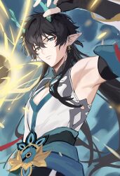 Rule 34 | 1boy, armpit crease, armpits, attack, bare shoulders, black gloves, black hair, black pants, chinese clothes, closed mouth, dan heng (honkai: star rail), dan heng (imbibitor lunae) (honkai: star rail), detached sleeves, dragon boy, dragon horns, earrings, elbow gloves, expressionless, eyeliner, fingerless gloves, gloves, green eyes, green horns, green theme, grey shirt, hair between eyes, highres, honkai: star rail, honkai (series), horns, jewelry, long hair, long sleeves, looking at viewer, magic, makeup, male focus, muscular, pants, pectoral cleavage, pectorals, pointy ears, red eyeliner, shirt, single earring, sleeves past elbows, solo, traditional clothes, white sleeves
