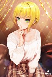 Rule 34 | 1girl, artist logo, artist name, blonde hair, blush, commentary request, eyelashes, finger to mouth, fingernails, green eyes, hand up, highres, idolmaster, idolmaster cinderella girls, indoors, infinote, lace-trimmed sleeves, lace trim, lips, long sleeves, looking at viewer, miyamoto frederica, parted lips, pillow, plaid, plaid skirt, short hair, sidelocks, signature, sitting, skirt, smile, solo, sparkle