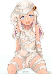 Rule 34 | 1girl, :d, alakoala, artist name, bandages, blonde hair, blue eyes, blush, breasts, cleft of venus, dated, fang, food-themed hair ornament, hair ornament, highres, jack-o&#039;-lantern hair ornament, kantai collection, long hair, looking at viewer, naked bandage, open mouth, pumpkin hair ornament, pussy, pussy peek, ro-500 (kancolle), simple background, sitting, small breasts, smile, solo, tan, tanline, white background