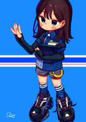 Rule 34 | 1girl, absurdres, blue background, blue skirt, blue socks, blush, brown hair, collared shirt, commentary, english commentary, grey shorts, hair behind ear, hand up, highres, holding, kneehighs, layered sleeves, long hair, long sleeves, moai (more e 4km), original, shirt, shoelaces, shoes, short over long sleeves, short sleeves, shorts, skirt, sleeves past wrists, sneakers, socks, solo, standing, straight hair, thumb hole sleeves, untied shoe