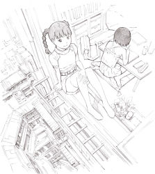 Rule 34 | 2girls, apartment, arm support, bag, bare shoulders, barefoot, belt, book, bookshelf, braid, building, casual, dress, female focus, from above, full body, glass, graphite (medium), greyscale, halterneck, hand on own knee, indoors, legs, long image, looking at viewer, looking down, looking up, miniskirt, monochrome, multiple girls, notebook, original, outdoors, pencil, perspective, pillow, raglan sleeves, school bag, shirt, short hair, sitting, sketch, skirt, smile, table, tall image, thighhighs, traditional media, twin braids, twintails, wariza, window, writing, yoshitomi akihito, zettai ryouiki