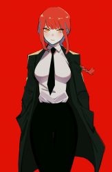 Rule 34 | 1girl, black jacket, black necktie, black pants, braid, breasts, chainsaw man, dress shirt, expressionless, film grain, hands in pockets, highres, hyoon (sockgyu), jacket, long hair, long sleeves, looking at viewer, makima (chainsaw man), necktie, pants, red background, red hair, shirt, sidelocks, simple background, solo, white shirt, yellow eyes