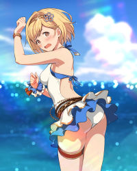 Rule 34 | 1girl, @ @, absurdres, ass, back, belly chain, blonde hair, blue sky, blurry, blurry background, blush, bob cut, bracelet, brown eyes, brown hairband, cloud, cloudy sky, commentary request, cowboy shot, day, djeeta (granblue fantasy), djeeta (summer) (granblue fantasy), from behind, frown, granblue fantasy, hair ornament, hairband, halterneck, hanosuke, highres, horizon, jewelry, leaning forward, looking at viewer, looking back, ocean, one-piece swimsuit, open mouth, outdoors, scrunchie, short hair, sky, solo, sparkle, standing, swept bangs, swimsuit, swimsuit skirt, thigh strap, white one-piece swimsuit, wrist scrunchie