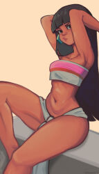 1girl absurdres armpits arms_up black_eyes black_hair blunt_bangs chel_(the_road_to_el_dorado) commentary crop_top dark-skinned_female dark_skin earrings faux_historical_clothing groin highres jewelry long_hair midriff navel rerensai11 sitting solo the_road_to_el_dorado two-tone_tube_top white_loincloth