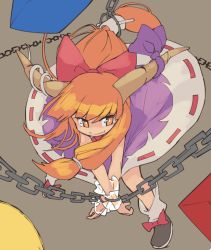 Rule 34 | 1girl, bow, brown background, chain, commentary request, cuffs, hair bow, horn bow, horn ornament, horn ribbon, horns, ibuki suika, ini (inunabe00), looking to the side, low ponytail, matching hair/eyes, orange eyes, orange hair, purple bow, purple skirt, red bow, ribbon, ribbon trim, shackles, footwear bow, shoes, skirt, sleeveless, smile, solo, touhou