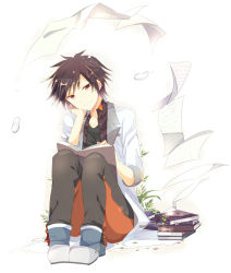 Rule 34 | 1boy, black shirt, blue footwear, book, brown hair, coat, grey pants, hand on own chin, jude mathis, long sleeves, male focus, on ground, open book, pants, paper, plant, reading, red eyes, rento (rukeai), shirt, sitting, sleeves rolled up, smile, solo, tales of (series), tales of xillia, tales of xillia 2, white coat