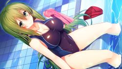 Rule 34 | 1girl, aristear remain, astronauts, astronauts comet, bare arms, bare legs, bare shoulders, blush, breasts, cleavage, competition swimsuit, covered navel, dutch angle, eyebrows, game cg, green eyes, green hair, groin, holding, ichinose anzu, kokusan moyashi, large breasts, legs, long hair, looking at viewer, matching hair/eyes, one-piece swimsuit, pool, rozea, sitting, smile, solo, swimsuit, thighs, towel, water, wet