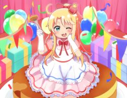 Rule 34 | 1girl, :d, ;d, alternate costume, apron, balloon, birthday, blonde hair, blush, bow, bowtie, box, commentary request, confetti, crown, curtains, dated, dress, elbow gloves, food, fork, frilled apron, frilled dress, frills, gift, gloves, hair bow, hand on own chin, hands up, himesaka noa, holding, holding fork, long hair, looking at viewer, mini crown, mitsukiro, one eye closed, open mouth, pink curtains, pink dress, red bow, red headwear, short sleeves, smile, solo, standing, string of flags, thick eyebrows, watashi ni tenshi ga maiorita!, white apron, white gloves