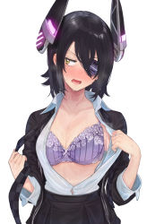Rule 34 | 1girl, amami amayu, black hair, blush, bra, breasts, breath, checkered clothes, checkered necktie, checkered neckwear, commentary request, embarrassed, eyepatch, headgear, heavy breathing, highres, kantai collection, lace, lace-trimmed bra, lace trim, looking to the side, necktie, nose blush, open clothes, open mouth, purple bra, school uniform, short hair, simple background, solo, sweat, tenryuu (kancolle), underwear, upper body, wet, white background, yellow eyes