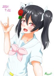Rule 34 | 1girl, a song for you! you? you!, absurdres, artist name, artist request, belt, black hair, blush, bow, breasts, collarbone, female focus, flower, hair between eyes, hair bow, hair flower, hair ornament, highres, leaf hair ornament, long hair, looking at viewer, love live!, love live! school idol festival, love live! school idol project, m/, miniskirt, mizunoe illust, neckerchief, parted lips, pink bow, pink neckerchief, pink scrunchie, plaid, plaid skirt, pleated, pleated skirt, red eyes, red flower, sailor collar, scrunchie, shirt, short hair, short sleeves, short twintails, skirt, small breasts, smile, solo, twintails, white background, white belt, white bow, white sailor collar, white shirt, white skirt, wrist scrunchie, yazawa nico