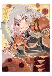 Rule 34 | + +, 1girl, absurdres, bad anatomy, bad hands, blue eyes, blush, braid, breasts, burger, cheese, closed mouth, fingerless gloves, food, food focus, french fries, gloves, grey hair, hair ornament, hamburger steak, highres, holding, holding food, kizuna akari, large breasts, long hair, orange gloves, pasta, siwasunohige, solo, tomato, twin braids, voiceroid