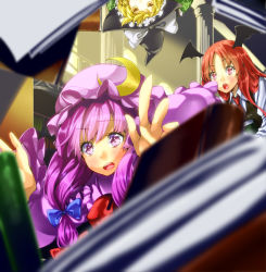 Rule 34 | bad id, bad pixiv id, blonde hair, blurry, book, bow, clumsy, depth of field, embodiment of scarlet devil, female focus, hair bow, hat, head wings, kirisame marisa, koakuma, multiple girls, open mouth, patchouli knowledge, purple eyes, purple hair, red eyes, red hair, sack, touhou, unowen, wings, witch, witch hat, yellow eyes
