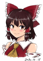 Rule 34 | 1girl, bare shoulders, blush, bow, brown hair, closed mouth, cropped torso, dated, detached sleeves, hair bow, hair tubes, hakurei reimu, highres, light smile, looking to the side, red vest, sen (daydream 53), short hair, simple background, solo, touhou, upper body, vest, white background, wing collar