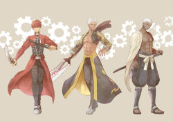 Rule 34 | 3boys, archer (fate), archer (fate) (cosplay), bare pectorals, beige background, black pants, bow, brown hair, cape, cornrows, cosplay, costume switch, dark-skinned male, dark skin, dual wielding, emiya alter, emiya alter (cosplay), emiya shirou, expressionless, fate/grand order, fate/stay night, fate (series), full body, highres, holding, igote, kanshou &amp; bakuya (fate), limited/zero over, looking at viewer, male focus, messy hair, multiple boys, pants, pectorals, ro (pixiv34009774), sandals, senji muramasa (fate), senji muramasa (fate) (cosplay), shoes, smile, standing, sword, waist bow, weapon, white cape, white hair, yellow eyes