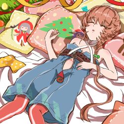 Rule 34 | 1girl, bare arms, blue overalls, braid, chest belt, christmas tree, closed eyes, fate/grand order, fate (series), flat chest, highres, lying, navel, on back, open clothes, orange hair, overalls, pillow, print pillow, shimogamo (shimomo 12), side braid, sleeping, solo, unzipped, van gogh (fate), zipper, zipper pull tab