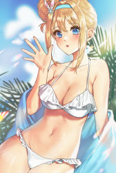 Rule 34 | 1girl, absurdres, bare shoulders, bikini, blonde hair, blue eyes, blue sky, blush, breasts, cleavage, collarbone, female focus, frilled bikini, frills, girls&#039; frontline, hair ornament, hairband, hand up, highres, huge filesize, kir (khw66136132), long hair, looking at viewer, medium breasts, navel, official alternate costume, open mouth, simple background, sky, solo, stomach, suomi (girls&#039; frontline), suomi (midsummer pixie) (girls&#039; frontline), swimsuit, white bikini