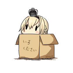 Rule 34 | 10s, 1girl, 2016, absurdres, bad id, bad pixiv id, blonde hair, blush, box, braid, cardboard box, chibi, crown, dated, french braid, hat, hatsuzuki 527, highres, in box, in container, kantai collection, simple background, solid oval eyes, solo, translated, twitter username, warspite (kancolle), white background