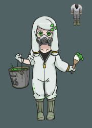 Rule 34 | 1girl, boots, bucket, doom (series), gas mask, gloves, green eyes, hazmat suit, kurashiki nanka, mask, paintbrush, personification, radiation symbol, simple background, solo, stained clothes, twintails, white hair