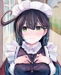 Rule 34 | 1girl, ahoge, alternate costume, apron, black dress, black hair, brown eyes, dress, enmaided, frilled apron, frills, hands on own breasts, highres, kantai collection, long hair, looking at viewer, maid, maid headdress, solo, tobari (seaetana), ushio (kancolle), white apron