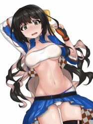 Rule 34 | 1girl, absurdres, akigumo (kancolle), akigumo (kancolle) (cosplay), bandeau, black hair, blue jacket, blue skirt, breasts, colored inner hair, cosplay, cropped jacket, grey eyes, highres, jacket, kantai collection, kinakomochi (testament05), large breasts, long hair, micro shorts, miniskirt, multicolored clothes, multicolored hair, multicolored jacket, naganami (kancolle), navel, official alternate costume, pink hair, pleated skirt, race queen, shorts, shrug (clothing), skirt, solo, two-tone hair, wavy hair, white bandeau, white jacket, white shorts