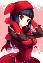 Rule 34 | 1girl, animal hat, arms up, black hair, blunt bangs, breasts, cat hat, cleavage, dress, gloves, hat, large breasts, long hair, mabinogi, red eyes, solo, strapless, strapless dress, succubus (mabinogi), yadamon (neverland)