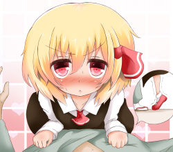 Rule 34 | 1girl, ascot, blonde hair, blush, commentary request, dress shirt, female focus, flip-flops, hair ribbon, koji (kohei66), long sleeves, mary janes, open mouth, pink eyes, pov, red eyes, ribbon, rumia, sandals, shirt, shoes, skirt, skirt set, sweat, tiptoes, touhou, vest