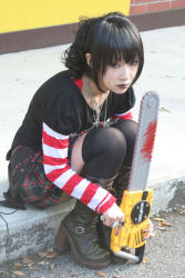 Rule 34 | asian, black lagoon, boots, chainsaw, cosplay, female focus, frederica sawyer (cosplay), omi gibson, photo (medium), plaid, pleated skirt, frederica sawyer, skirt, striped, thighhighs