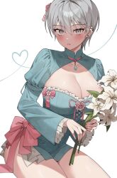 Rule 34 | 1girl, blush, bouquet, bow, breasts, cleavage, flower, grey eyes, grey hair, hair between eyes, hair flower, hair ornament, highres, hip vent, holding, holding bouquet, jewelry, juliet sleeves, large breasts, lily (flower), long sleeves, looking at viewer, lvemhrd, necklace, original, parted lips, pink bow, pink flower, puffy sleeves, short hair, slit pupils, solo, white background, white lily