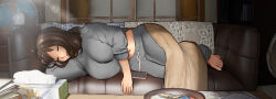 Rule 34 | 1girl, barefoot, breasts, brown hair, cellphone, commentary request, couch, electric fan, grey pants, grey shirt, highres, huge breasts, indoors, lying, mejikara scene, midriff, navel, on couch, on side, open mouth, original, pants, phone, shirt, sleeping, solo, tissue box, toenails, toes