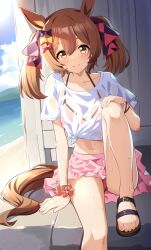 Rule 34 | 1girl, absurdres, alternate costume, animal ears, beach, bikini, blue sky, blush, bow, breasts, commentary request, hair bow, highres, horse ears, horse girl, horse tail, knee up, looking at viewer, ocean, outdoors, pink scrunchie, pink skirt, sand, sandals, scrunchie, see-through, shirt, short sleeves, sitting, skirt, sky, small breasts, smart falcon (umamusume), smile, solo, sunny (20597521), swimsuit, tail, tied shirt, toes, twintails, umamusume, water, wet, wet clothes, white shirt, wrist scrunchie, yellow eyes