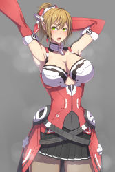 Rule 34 | 1girl, armpits, breasts, brown hair, cleavage, detached sleeves, echo (pso2), elbow gloves, gloves, green eyes, kamokatatsumuri, large breasts, open mouth, phantasy star, phantasy star online 2, pleated skirt, pointy ears, ponytail, short hair, skirt, sweat