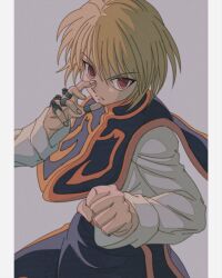 Rule 34 | 1boy, absurdres, blonde hair, enoki (gongindon), feet out of frame, fighting stance, highres, hollow eyes, hunter x hunter, kurapika, long sleeves, looking at viewer, male focus, official style, serious, short hair, simple background, solo
