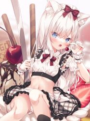 Rule 34 | 1girl, :o, animal ear fluff, animal ears, blue eyes, blush, bow, breasts, cherry, collar, commentary, crop top, detached collar, detached sleeves, english commentary, food, frilled skirt, frills, fruit, hair between eyes, hair bow, hand up, highres, holding, holding food, hoshi (snacherubi), ice cream, long hair, looking at viewer, midriff, mini person, minigirl, navel, open mouth, original, panties, petite, plaid, plaid skirt, pocky, puffy short sleeves, puffy sleeves, red bow, short sleeves, sitting, skirt, small breasts, solo, spoon, strawberry, tail, underwear, very long hair, white collar, white hair, white panties, white sleeves, wrist cuffs