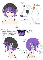 Rule 34 | 1girl, beret, black hat, character sheet, closed mouth, color guide, commentary request, copyright name, cropped shoulders, expressionless, hat, headset, highres, looking at viewer, multiple views, nude, profile, purple eyes, purple hair, shiita haruka, short hair, simple background, text print, translation request, turnaround, utane uta, utau, white background