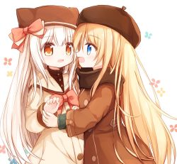 Rule 34 | 2girls, animal ears, animal hat, beret, blonde hair, blue eyes, blush, bow, brown coat, brown eyes, brown hat, brown shirt, cat ears, cat hat, coat, commentary request, dress shirt, eye contact, hair between eyes, hat, long hair, long sleeves, looking at another, multiple girls, open mouth, original, profile, red bow, shirt, very long hair, white background, white coat, white hair, yuuhagi (amaretto-no-natsu)