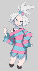 Rule 34 | 1girl, :o, absurdres, baggy clothes, blue eyes, body freckles, bra strap, bright pupils, cowboy shot, creatures (company), dress, freckles, game freak, grey background, gym leader, hair tie, hand on own hip, highres, kurdlez, long sleeves, looking at viewer, nintendo, open mouth, pokemon, pokemon bw2, roxie (pokemon), sharp teeth, solo, striped clothes, striped dress, teeth, top knot, white hair, white pupils, wide sleeves