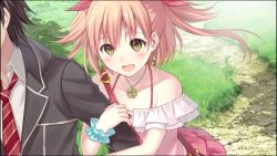 Rule 34 | arm hug, blouse, collared shirt, day, fukahire (ruinon), game cg, halterneck, highres, jewelry, necklace, necktie, omega quintet, open mouth, otoha (omega quintet), outdoors, scrunchie, shirt, short hair, solo focus, takuto (omega quintet), twintails, two side up, white shirt, wrist scrunchie, yellow eyes