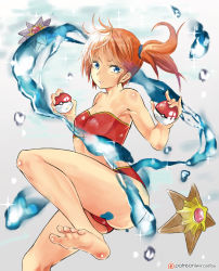 Rule 34 | 1girl, absurdres, artist name, bare shoulders, barefoot, bikini, blue eyes, breasts, cameltoe, collarbone, creatures (company), eyelashes, feet, game freak, gen 1 pokemon, hair between eyes, hair ornament, hair tie, highres, holding, looking at viewer, mirco gravina, misty (pokemon), nintendo, orange hair, patreon, patreon username, pink lips, poke ball, pokemon, pokemon (anime), pokemon (classic anime), pokemon (creature), pokemon ep018, red theme, short hair, short shorts, shorts, side ponytail, signature, small breasts, smile, soles, solo, starmie, staryu, stomach, swimsuit, toes, water