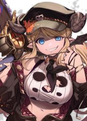 Rule 34 | 1girl, black headwear, black neckwear, blonde hair, blue eyes, breasts, chainsaw, cleavage, cleavage cutout, clothing cutout, draph, dreadlocks, feb itk, granblue fantasy, grey background, grin, hair ornament, hallessena, hat, heart, heart hair ornament, highres, horns, jacket, large breasts, long hair, long sleeves, looking at viewer, low twintails, military hat, navel, necktie, open clothes, open jacket, peaked cap, pointy ears, saw, simple background, smile, teeth, torn clothes, twintails, upper body