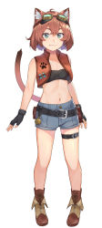 Rule 34 | 1girl, ahoge, animal ear fluff, animal ears, bandeau, belt, black belt, black gloves, breasts, brown footwear, brown hair, cat ears, cat tail, cleavage, closed mouth, commentary request, cropped jacket, denim, denim shorts, eyewear on head, fang, fingerless gloves, full body, gloves, goggles, goggles on head, green eyes, highres, imori (lizzy), jacket, looking at viewer, medium breasts, midriff, navel, original, red jacket, shoes, short hair, short shorts, shorts, simple background, skindentation, sleeveless, sleeveless jacket, smile, solo, standing, stomach, tail, thigh strap, white background