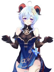 Rule 34 | 1girl, ahoge, bare shoulders, blue dress, blue hair, breasts, commentary request, cowboy shot, dress, elbow gloves, ganyu (genshin impact), ganyu (twilight blossom) (genshin impact), genshin impact, gloves, hair ornament, highres, horns, large breasts, long hair, official alternate costume, purple eyes, simple background, sleeveless, sleeveless dress, solo, standing, thighs, wagashi425, white background