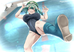 Rule 34 | 1girl, blush, boots, breasts, commentary request, falling, flat cap, foot out of frame, hair bobbles, hair ornament, hat, highleg, highleg swimsuit, highres, impossible clothes, impossible swimsuit, indoors, kagiyama shachou, kawashiro nitori, large breasts, looking at viewer, medium hair, open mouth, pool, pool ladder, rubber boots, school swimsuit, sidelocks, solo, swimsuit, touhou, two side up, water