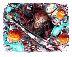 Rule 34 | 1boy, halloween, holding, holding sword, holding weapon, jack-o&#039;-lantern, male focus, official art, one piece, one piece treasure cruise, open mouth, red hair, scar, scar across eye, shanks (one piece), short hair, sword, teeth, weapon