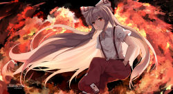 Rule 34 | 1girl, artist name, black background, bow, commentary request, expressionless, fiery background, fire, fujiwara no mokou, hair between eyes, hair blowing, hair bow, hands in pockets, highres, leg lift, long hair, looking at viewer, ofuda, pants, pink hair, red eyes, red pants, shirt, short sleeves, snozaki, solo, suspenders, thick thighs, thighs, title, touhou, very long hair, white shirt