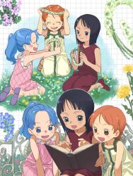 Rule 34 | 3girls, aged down, bare shoulders, black hair, blue eyes, blue hair, blush, book, brown dress, brown footwear, closed eyes, commentary, dress, flower, grass, green dress, grid background, head wreath, highres, holding, holding book, holding flower, long hair, multiple girls, multiple views, nami (one piece), nefertari vivi, nico robin, one piece, open book, open mouth, orange eyes, orange hair, parted bangs, pink dress, pointing, reading, sandals, seiza, shoes, short hair, sitting, sleeveless, sleeveless dress, smile, symbol-only commentary, urasanmyaku